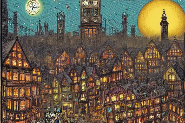 Image similar to clockwork victorian cityscape by Louis Wain (1920) and Dan Mumford