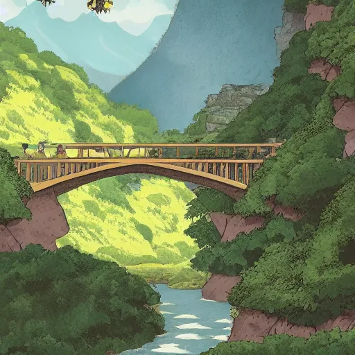 Prompt: A landscape with mountains and forests and a river crossing by the middle of a valley by Studio Ghibli