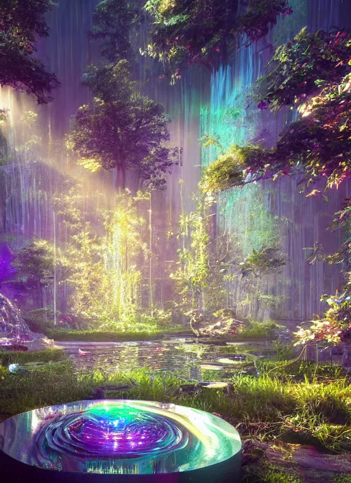 Image similar to beauteous sumptuous, with incredible iridescent pearlescent voluminous fluorescent neon indirect soft glow cinematic lighting, fountain of youth, secret garden, crystalline masterpiece incrustations, hyperdetailed features, movie still, intricate, octane render, cinematic forest lighting, unreal engine, crepuscular rays, god rays