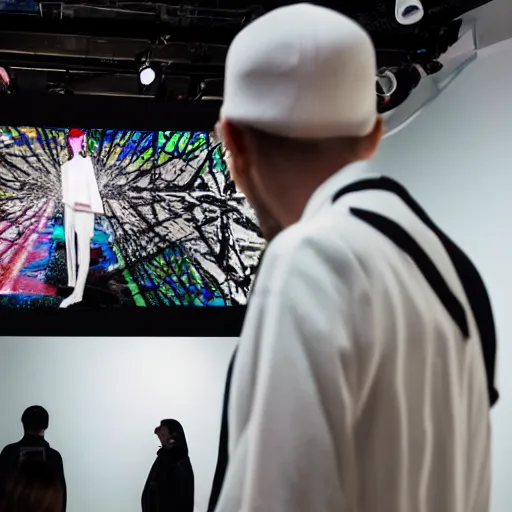 Image similar to art curator looking at a screen with a chat interface, recursive, on stage in the middle of a fashion show in the style of grand chamaco and stanley kubrick, inspired by y - 3, photorealistic, epic, super technical, cinematic still