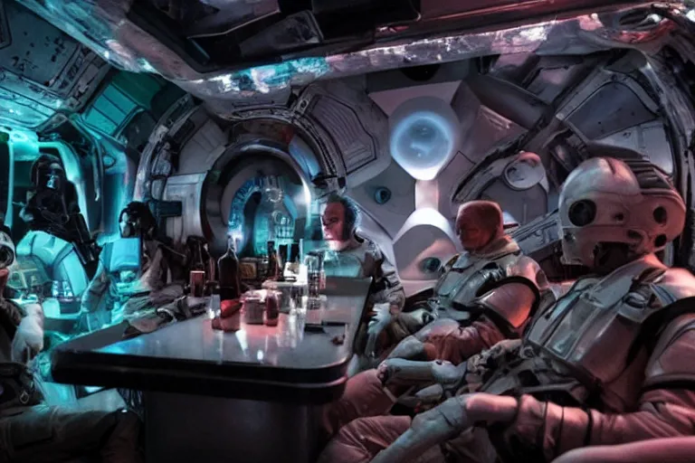 Image similar to sci-fi cinematography of space soldiers sitting in an alien bar. By Emmanuel Lubezki