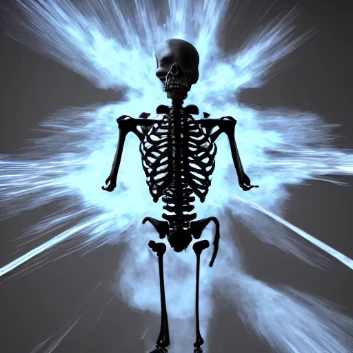 Image similar to An exploding jet-black skeleton explodes, negative photography, unreal engine, molecules flying