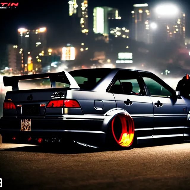 Image similar to a car JZX100 twin turbo drift at illegal car meet, Kanagawa prefecture, city midnight mist lights, cinematic lighting, photorealistic, highly detailed wheels, high detail