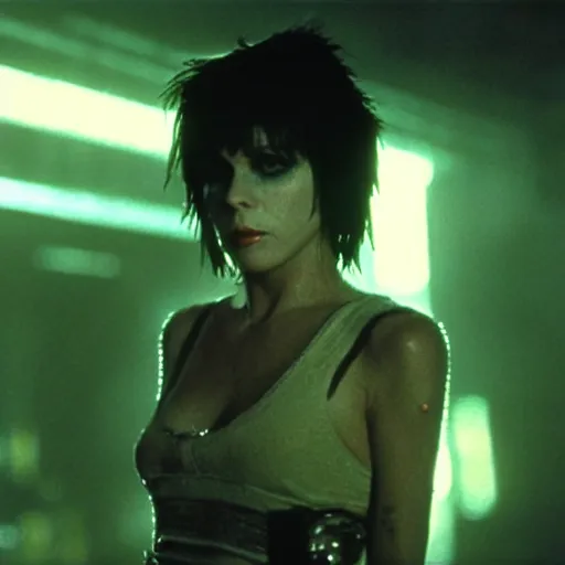 Image similar to a film portrait still of joan jett in blade runner, gritty cyberpunk atmosphere. realism, cinematic lighting, beautiful gothic fantasy photorealistic, 4 k. 8 mm. grainy. panavision.