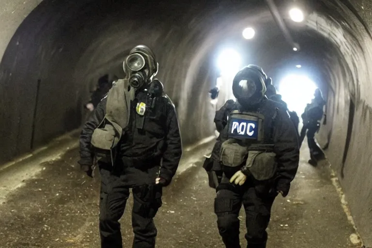 Image similar to police in gas masks in dark Russian tunnels hunting monster