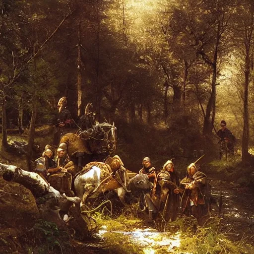 Image similar to a small group of medieval european knights are resting at a small clearing a dark wood along a small stream, highly detailed, digital painting, sharp focus, by alber bierstadt greg rutkowski