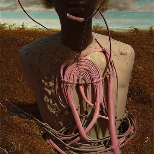 Image similar to Kenne Gregoire, award winning masterpiece with incredible details, Zhang Kechun, a surreal vaporwave vaporwave vaporwave vaporwave vaporwave painting by Thomas Cole of an old pink mannequin head with cables and wires coming out of it's neck, sinking underwater, highly detailed