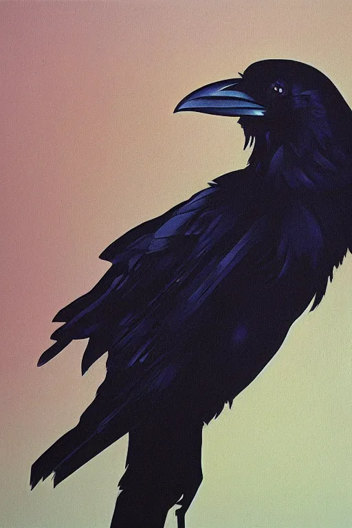 Image similar to a raven investigating 8 0 s era technology, vintage shapes, retro technology, pantone color, wayne barlow, oil on canvas, deep depth of field, masterpiece, cinematic composition, hyperdetailed