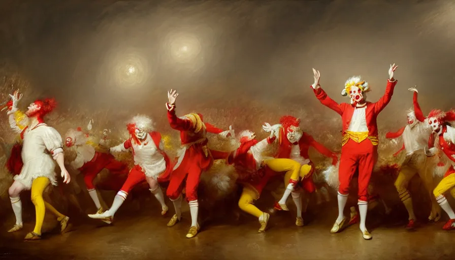 Image similar to highly detailed painting of a group of ronald mcdonalds with red afros, white facepaint, red noses and yellow waltzing gracefully at a prestigious event by william turner, by greg rutkowski, by william constable, thick brush strokes and visible paint layers, 4 k resolution