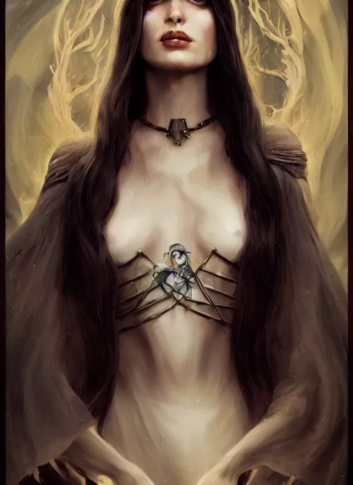 Image similar to tarot!!, pale, beautiful witch with long hair, fantasy medieval, no noise, elegant, concept art, sharp focus, beautiful face!!, digital art, smooth defined outlines!!, by Brom, trending on Artstation, Tom Bagshaw, Sargent