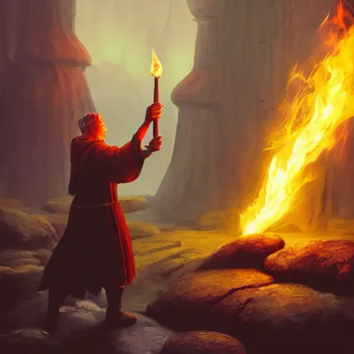 Prompt: A wizard casting a spell, fire and water swirling around him, magical, medieval, fantasy, concept art, illustration, 4k, by Filip Hodas