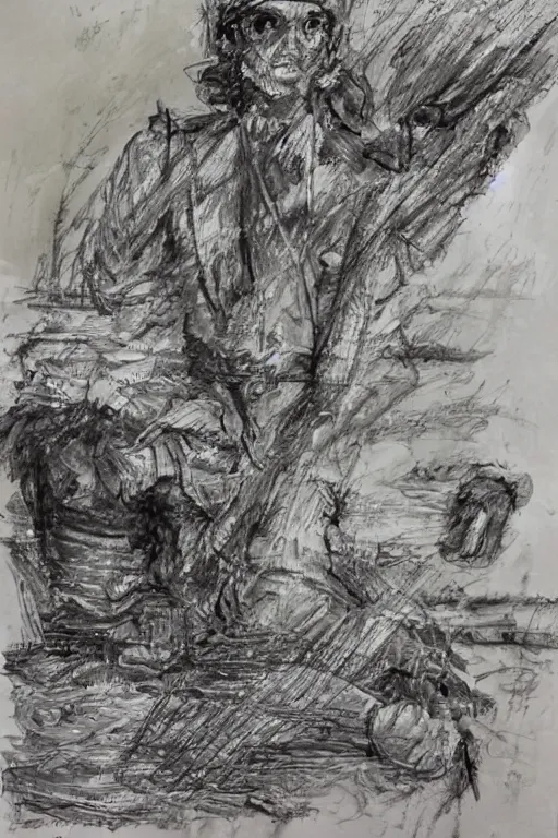 Prompt: a drawn man standing in the rain. pencil sketch.