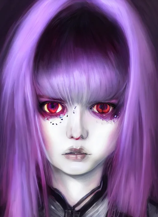 Image similar to hair whitebangs hair, white cyberlox, portrait of normal teenage girl, normal face, black bangs, messy bangs, fluffy bangs, cyberlox, whitebangs, red contact lenses, purple background, intricate, elegant, highly detailed, digital painting, artstation, concept art, sharp focus, smooth, illustration, art by wlop, mars ravelo and greg rutkowski