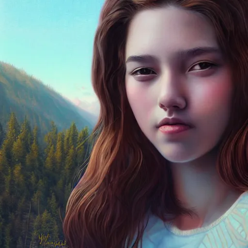 Image similar to a beautiful scenic painting of a beautiful young woman that looks like a grizzly bear by artgerm and wlop and wes anderson and spike jonze