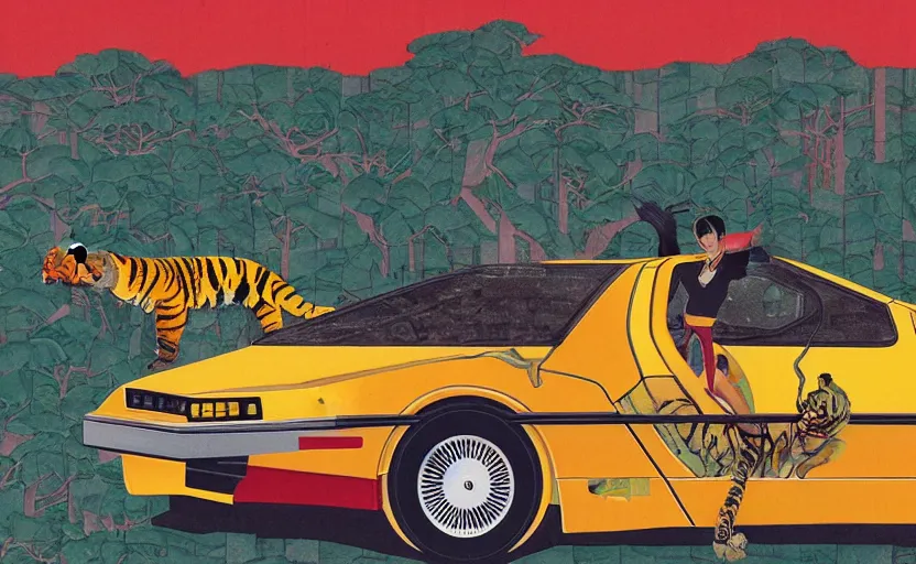 Image similar to a red delorean and yellow tiger, painting by hsiao - ron cheng and utagawa kunisada, magazine collage, no humans, # de 9 5 f 0