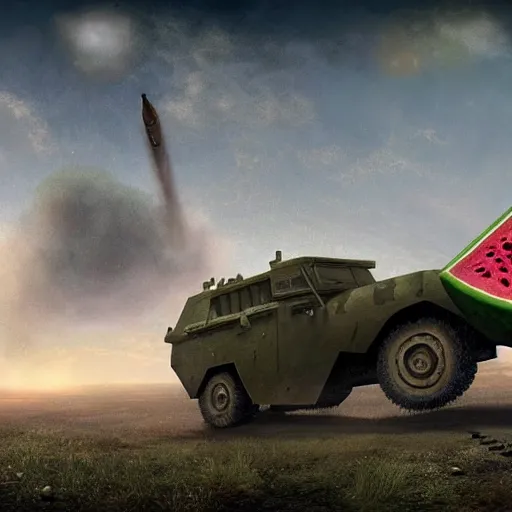 Prompt: Very very very very highly detailed Watermelon as military vehicle with epic weapons, launching rockets on a battlefield in russian city as background. More Military vehicle less watermelon . Concept digital 3D art in style of Caspar David Friedrich, super rendered in Octane Render, epic RTX dimensional dramatic light