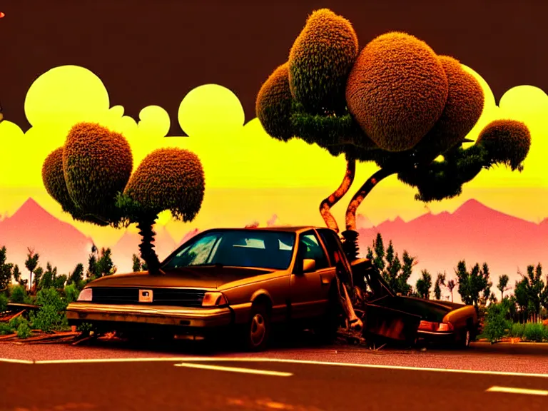 Image similar to low angle shot of tree growing inside scrap car in the foreground. overgrown. soft golden red sunset over the mountains in the background. clouds. detailed leaves, the style of 1 9 9 0's cg graphics against the cloudy night sky, lsd dream emulator psx, 3 d rendered y 2 k aesthetic by ichiro tanida, 3 do magazine, wide shot