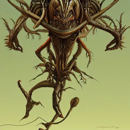 Image similar to aliens from the second edition of barlowe's guide to extraterrestrials, highly detailed, photorealistic, artstation, highly detailed, oil painting, dramatic lighting, award - winning, accurate anatomy