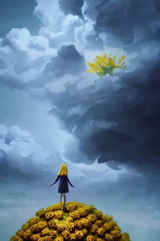 Image similar to closeup girl with huge yellow dahlia flower face, intricate, standing on mountain, surreal photography, blue storm clouds, dramatic light, impressionist painting, digital painting, artstation, simon stalenhag