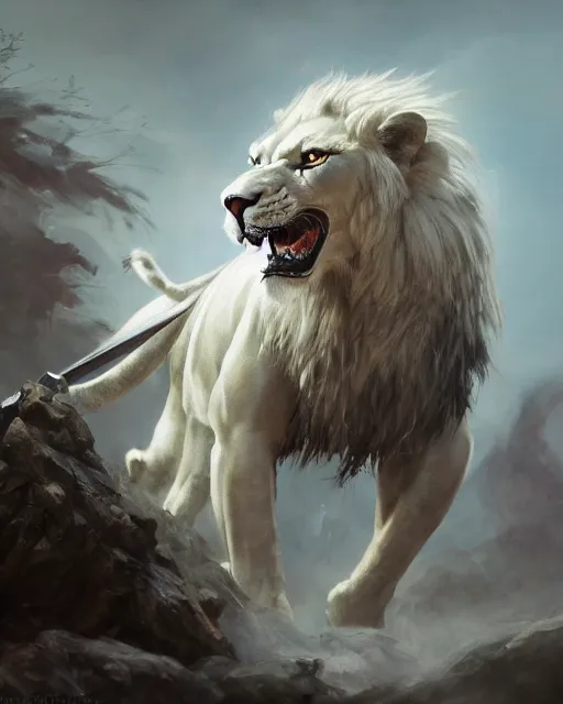 Image similar to oil painting of Anthropomorphized White Lion General in Battle, wearing armor, wearing fur cloak, sharp focus, holding Sabre, heroic pose, fantasy style, octane render, volumetric lighting, 8k high definition, by greg rutkowski, highly detailed, trending on art Station, magic the gathering artwork, Battlefield backround, centered