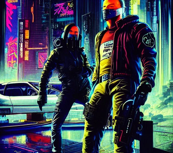 Image similar to a portrait of a cyberpunk epic Friday night firefight, Night City, cyberpunk 2077, very very coherent painting, 1979 OMNI Magazine Cover, street level neo-Tokyo in Cyberpunk 2045 style by Vincent Di Fate by mark arian by artgerm in the style of Dore, 4k, 8k, HD, trending on artstation