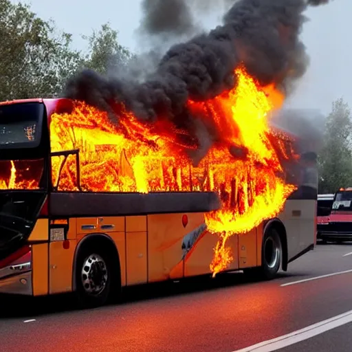 Prompt: bus on fire, flames