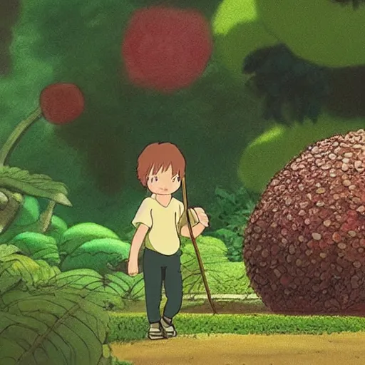 Image similar to Tiny human using leaf as an umbrella in giant garden, by Studio Ghibli, cinematic