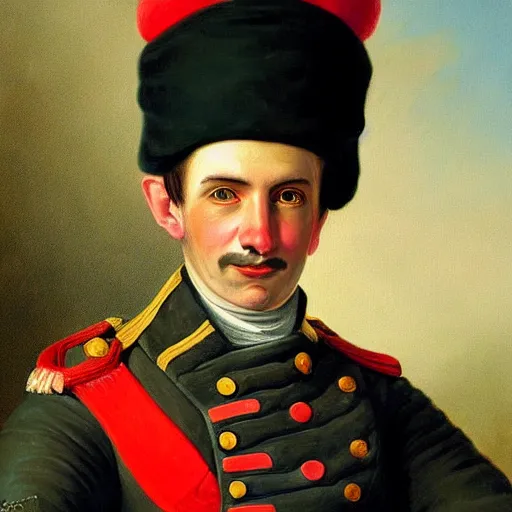 Image similar to a hyper realistic painting of an austrian soldier from 1 8 0 6 wearing a clown hat, ultra detail, realistic.