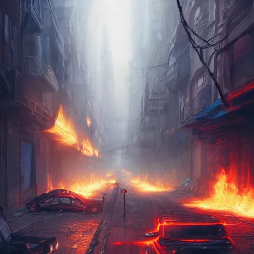 Image similar to apocalyptic city street, cars on fire highly detailed, illustration, fantasy art, in the style of greg rutkowski, epic, fantasy, intricate, hyper detailed, artstation, concept art, smooth, sharp focus, ray tracing