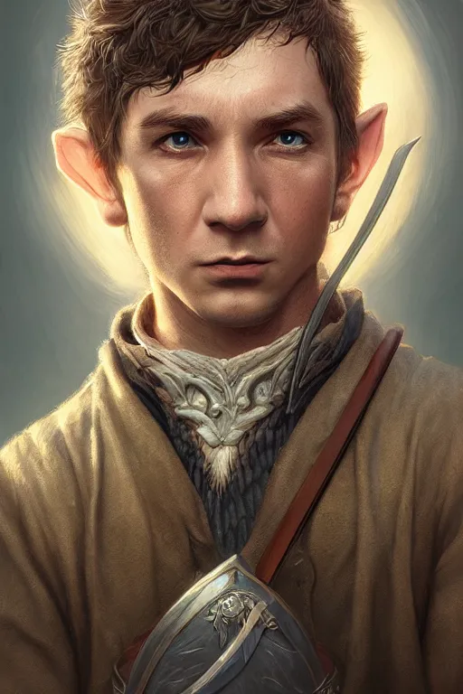 Image similar to A beautiful digital painting of a male hobbit ranger, symmetrical close-up portrait, intricate, cinematic lighting, highly detailed, digital painting, Artstation, concept art, smooth, sharp focus, illustration, art by Tom Bagshaw, Artgerm and Greg Rutkowski