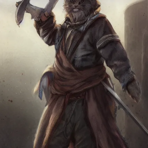 Prompt: a high detail shot of a dirty, homeless humanoid cat wearing rags, holstering sword, realism, 8 k, fantasy, d & d, concept art