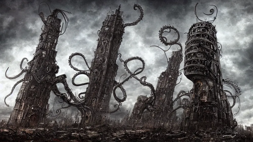 Image similar to A tower with an Eyeball at the top, BioMechanical like Giger, with tentacles coming out, looking over a stormy post-apocalyptic wasteland, dystopian art, wide lens