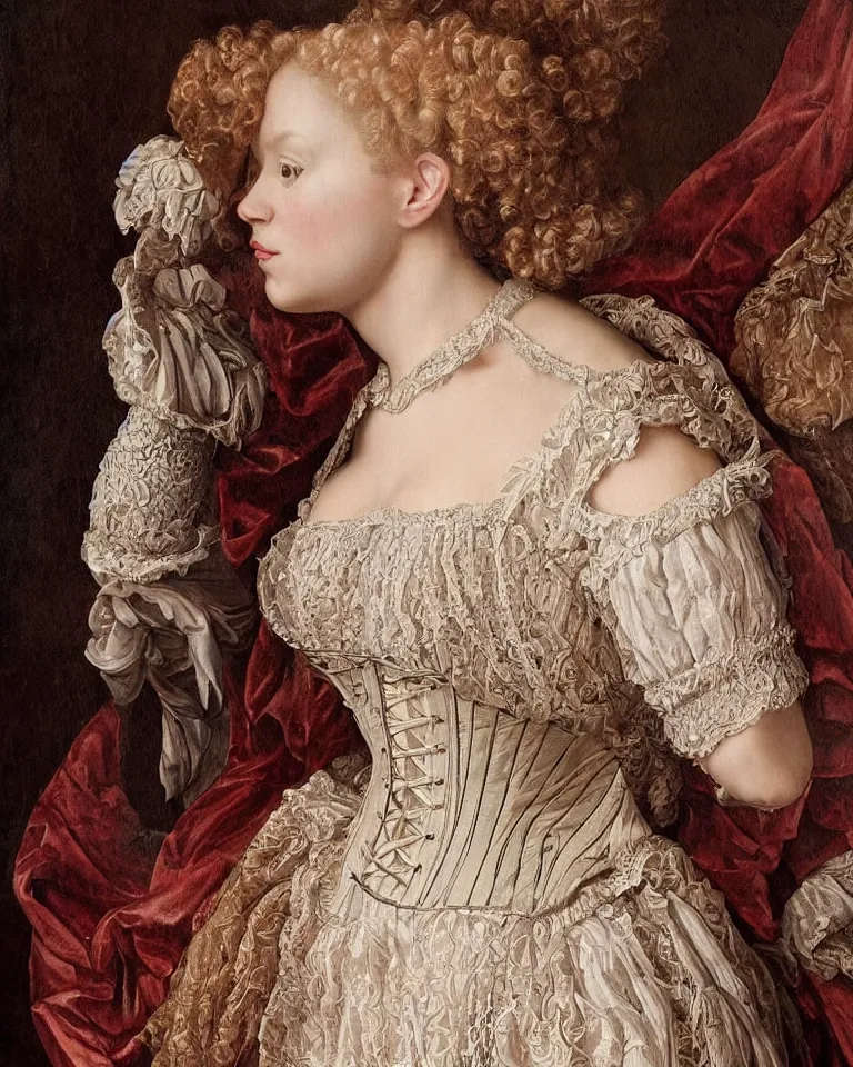 Prompt: a renaissance styled baroque hyperrealistic painting of an anatomically correct woman wearing an intricate lace corset by aj hamilton