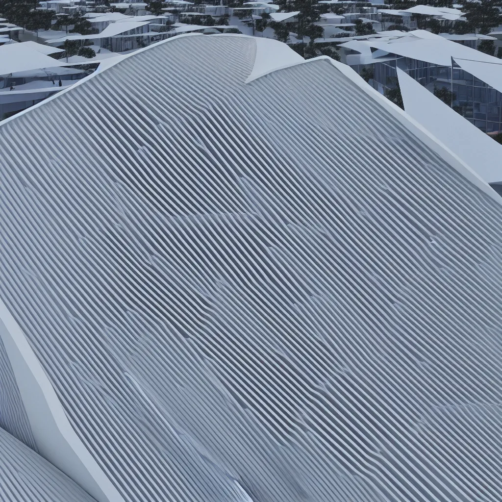 Prompt: sculptural pleated curved roof planes lift and descend creating shade and architectural expression, dramatic form, 3 d top view axonometric, architecture, dusk, lightweight structures, isometric view