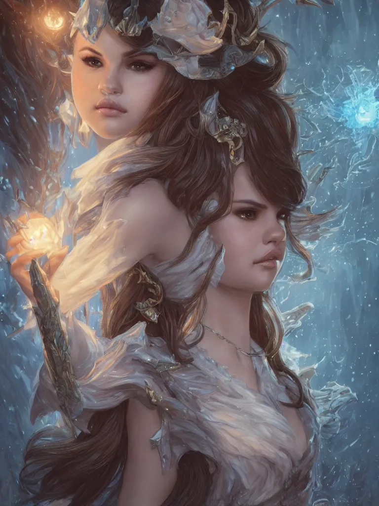 Image similar to Selena Gomez casting an frost spell, D&D, fantasy, intricate, elegant, highly detailed, digital painting, artstation, concept art, matte, sharp focus, illustration, hearthstone, art by Artgerm and Greg Rutkowski and Alphonse Mucha