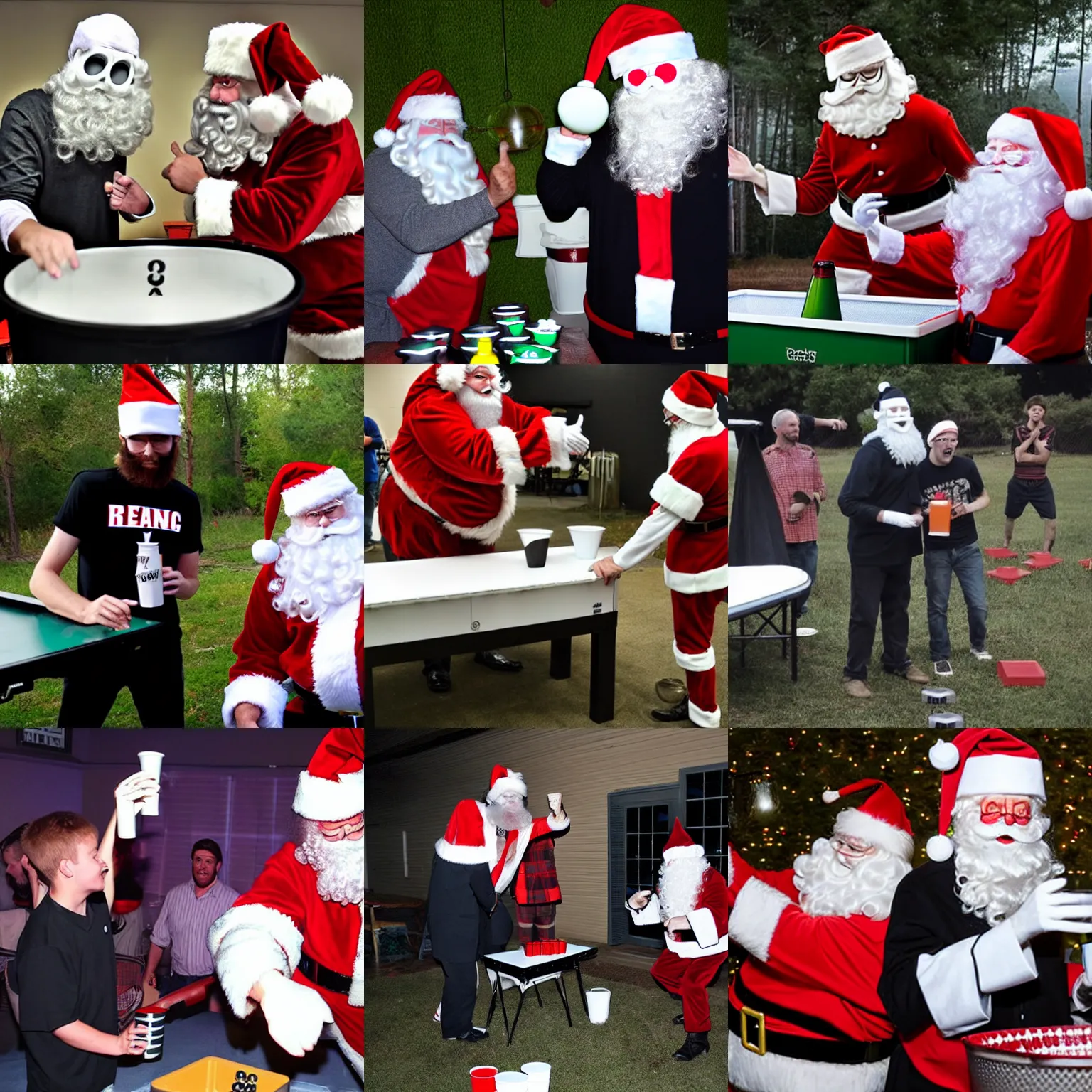 Prompt: Slenderman and santa playing beer pong in the middle of an active warzone