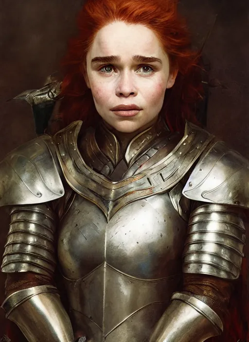 Image similar to short muscular redheaded woman wearing realistic medieval armour, young emilia clarke face paint, detailed by gaston bussiere, bayard wu, greg rutkowski, giger, maxim verehin, greg rutkowski, masterpiece, sharp focus, cinematic lightning