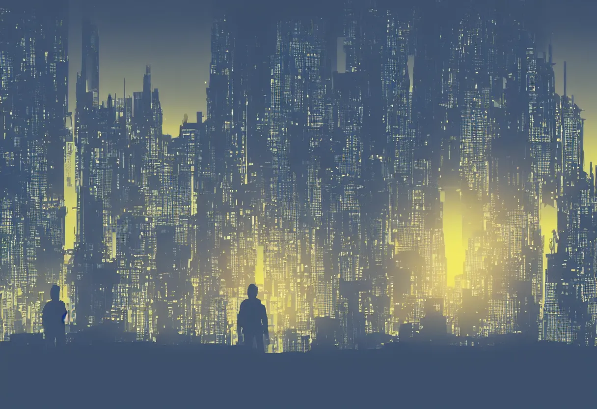 Prompt: a very wide shot of a silhouette watching a futuristic city, night time, 2D 8bits graphic, degradation filter, high compression, low saturation, gradient, weird