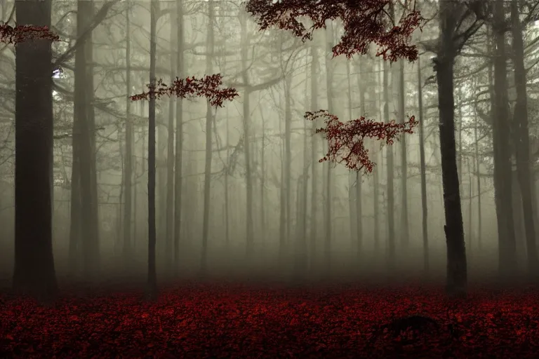 Image similar to deep dark moody forest, red fog on the ground, bleak. big stones, dark mood. mysterious. doom. realistic painting. photobashing, matte painting, highly detailed, autumn, cinematic, hyperralistic, artstation, art brut, dramatic lighting, god rays, clean crisp graphics, smooth sharp focus, extremely detailed, ukiyo - e,