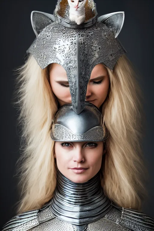 Image similar to female knight wearing a real cat on her head, armor designed by wayne barlowe, swarovski and tiffany, blonde hair, symmetry, sci - fi, cinematic, elegant, luxury, perfect light, perfect composition, dlsr photography, sharp focus, dark fantasy, 8 k, ultra hd, sense of awe, highly detailed, realistic, intricate