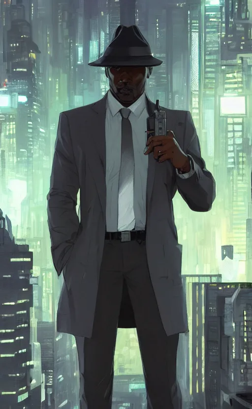 Image similar to a handsome black detective wearing a gray fedora, suit, and trench coat, holdind a blaster, standing in a night futuristic city, film noir, highly detailed, digital painting, artstation, cinematic lighting, in style of ilya kuvshinov, wlop, alphonse mucha, yoji shinkawa, anime aesthetic