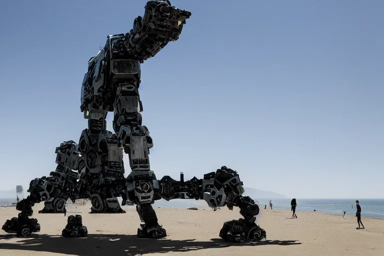 Prompt: cinematography of giant Mech on Santa Monica peer By Emmanuel Lubezki