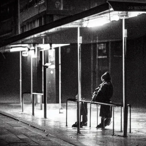 Image similar to a some people waiting in a lone bus stop in quiet dark city night, high quality, high resolution,detailed, from silent hill games