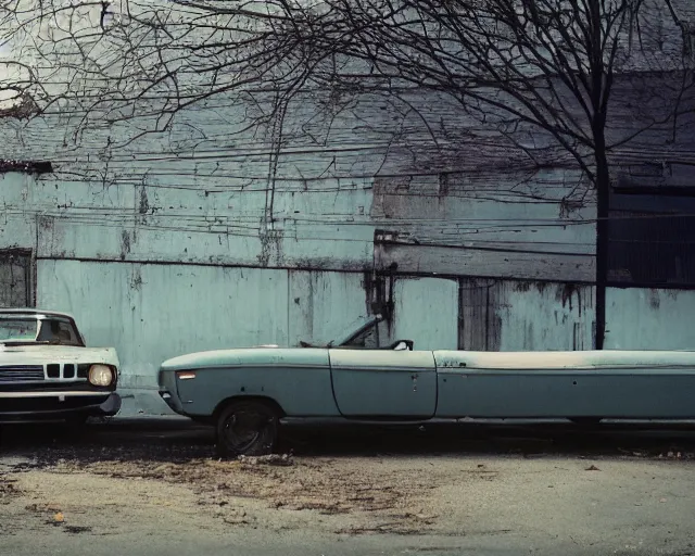 Image similar to beautiful minimalistic realistic color Fuji velvia photograph, abandoned cars park in a quiet alley by langdon clay, VSCO film grain