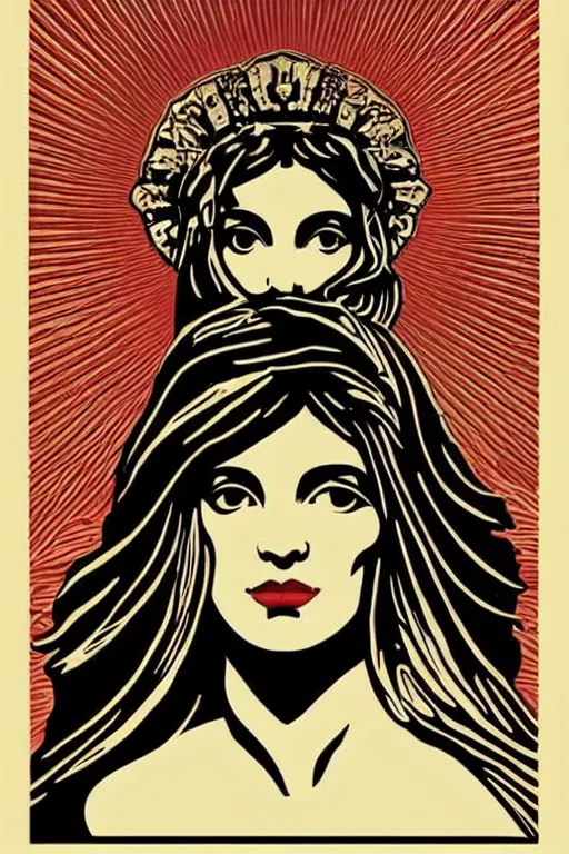Prompt: Shepard Fairey poster of a Greek Goddess posed in profile, she has beautiful bone structure and long hair. Eyes closed. highly detailed, ornate, Art Deco