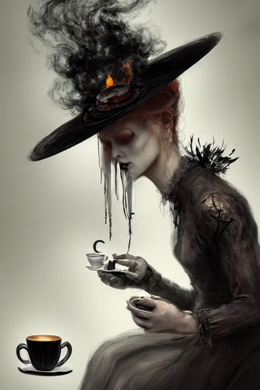 Prompt: Sad lonely Death is drinking tea, wearing hat made of smoke and ashes, death is partly draped with bones, deqth is split in two with smoke, fantasy, intricate, elegant, highly detailed, digital painting, artstation, woamn is curved, concept art, smooth, sharp focus, illustration, art by Ilja Repin