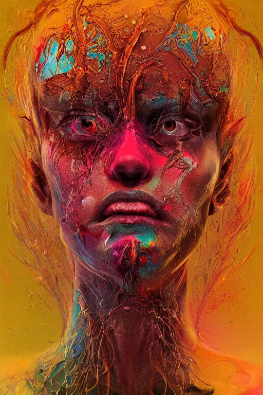 Image similar to dream portrait of the awakening of my 3rd eye,full character, melting ,8k,by tristan eaton,Stanley Artgermm,Tom Bagshaw,Greg Rutkowski,Carne Griffiths, Ayami Kojima, Beksinski, Giger,trending on DeviantArt,face enhance,hyper detailed,minimalist,horror, android, full of colour