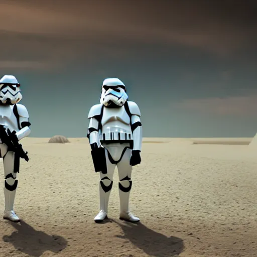 Prompt: Photo, cinematic tone, stormtroopers staring at pebbles on the ground, in planet Tatooine.