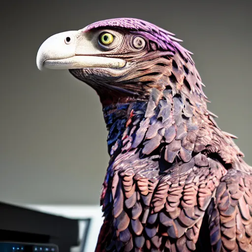 Prompt: raptor sitting in front of computer, bray, 5 5 mm