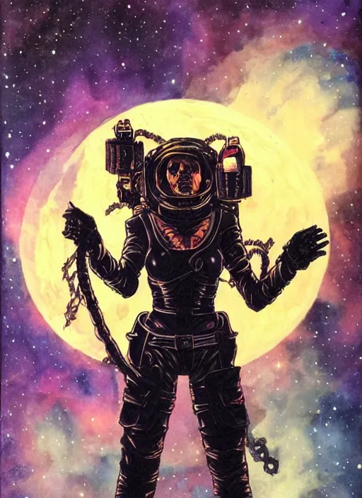 Image similar to portrait of space pirate, night sky background, coherent! by brom, deep color, strong line, high contrast